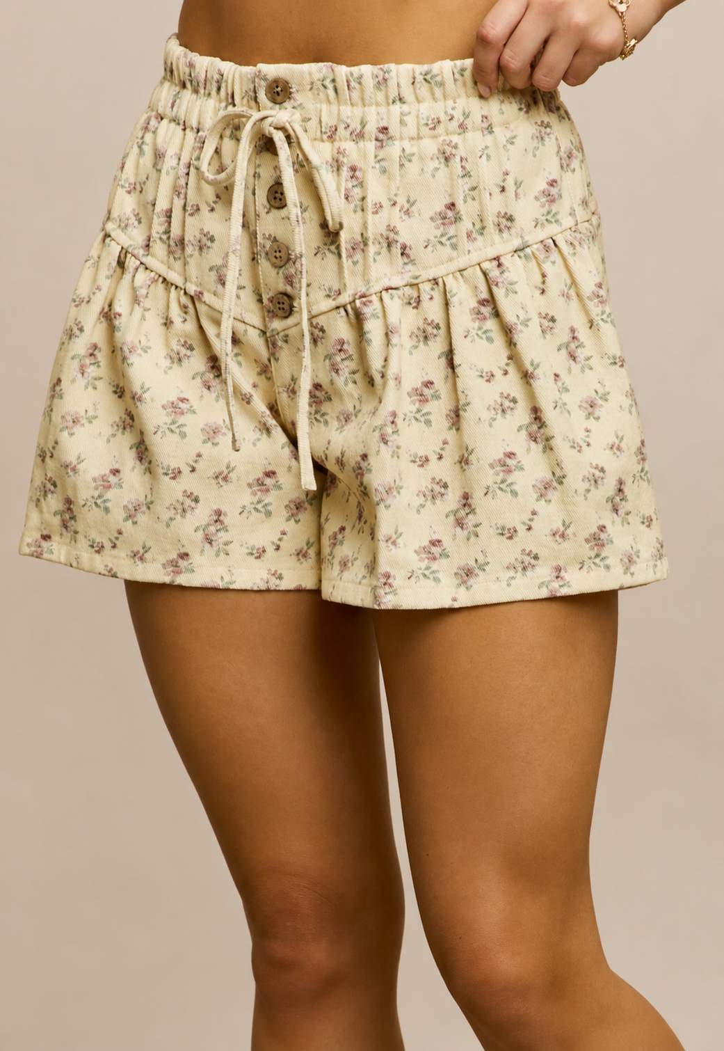 Floral Print Tie Denim Pintuck Shorts