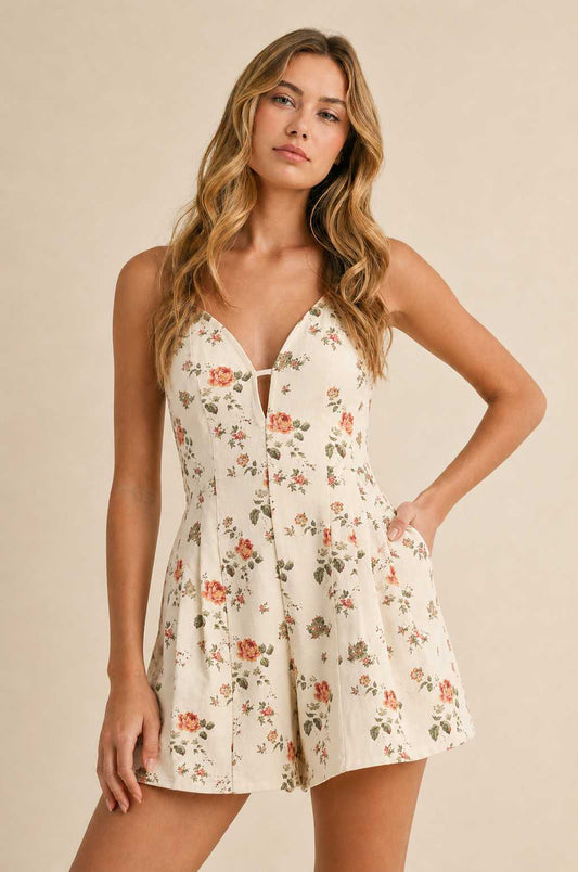Floral Side Pleat Cross Tie Romper