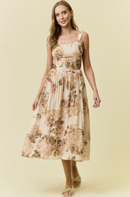Floral Silky Woven Waist Midi Dress