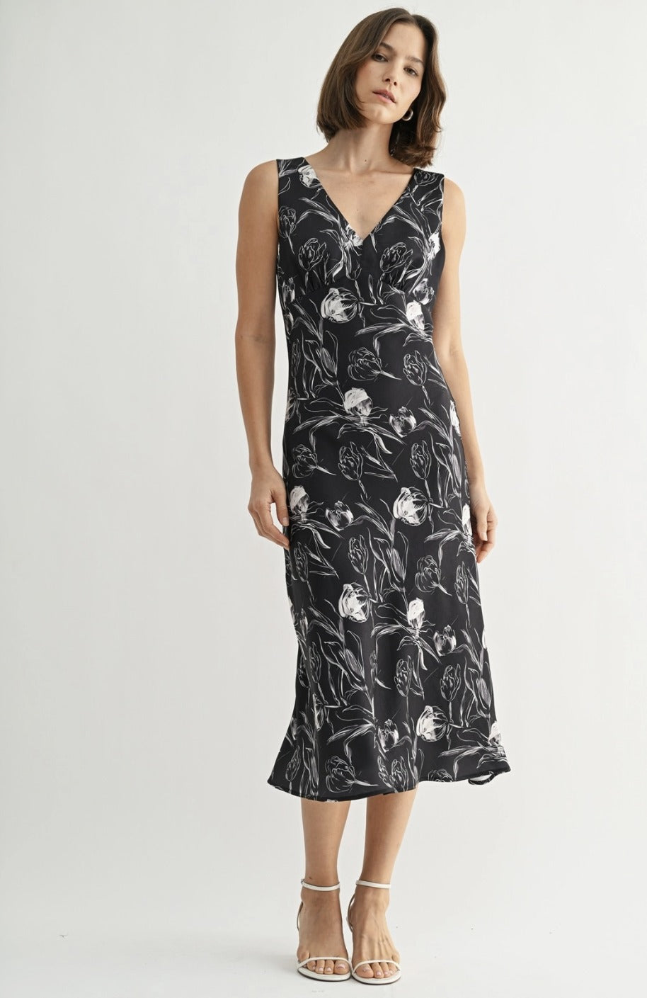 Flower Satin V Neck Dress