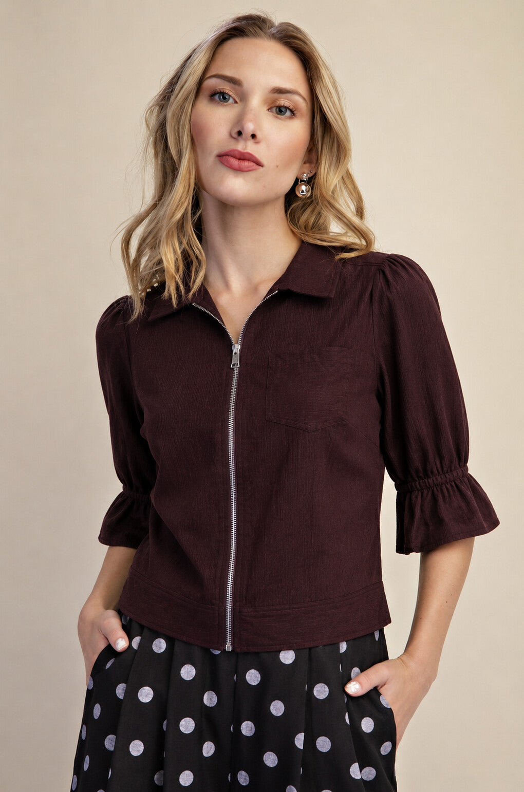Front Zip Up 3/4 Sleeve Top