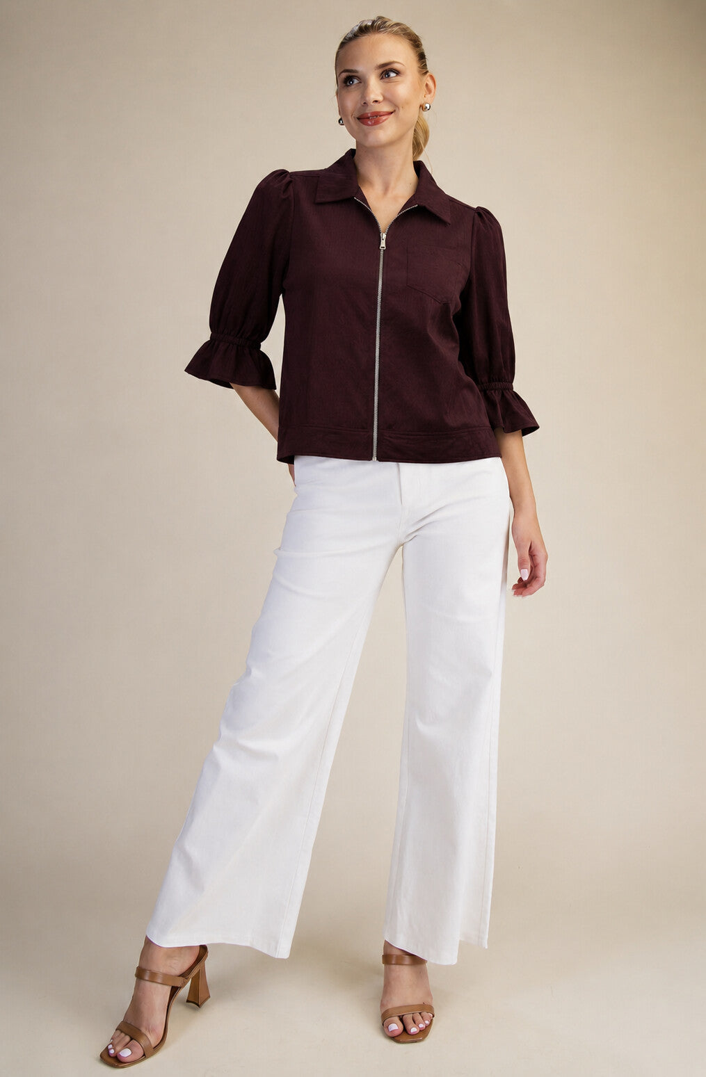 Front Zip Up 3/4 Sleeve Top