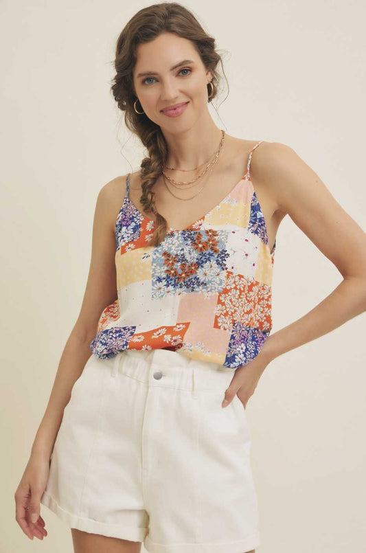 Gauze Floral Patchwork V-Neck Top