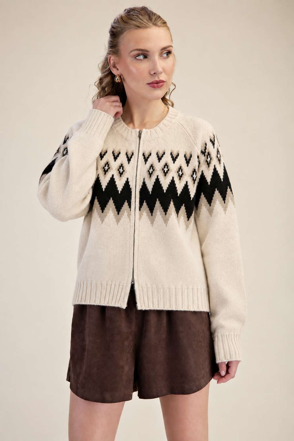 Geometric Pattern Knit Zip Cardigan