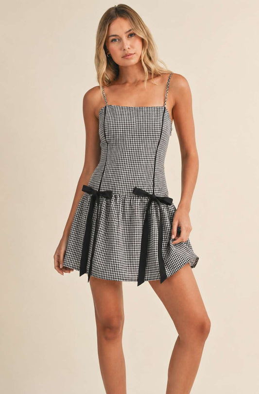 Gingham Curved Low Waist Mini Dress with Bows