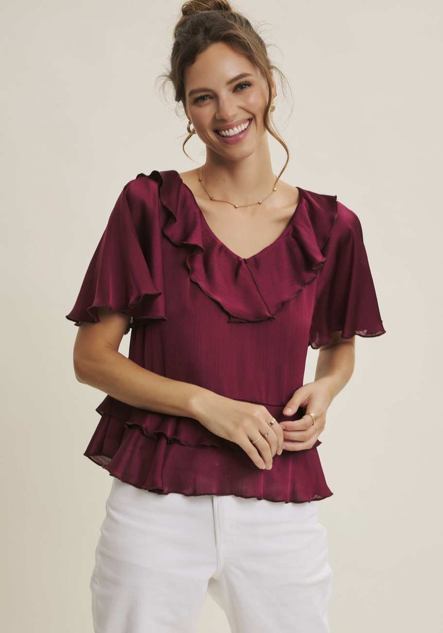 Glossy Crinkled Ruffle V-Neck Blouse