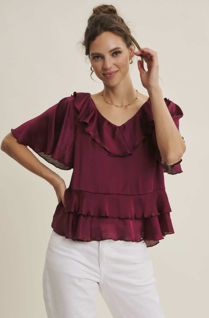 Glossy Crinkled Ruffle V-Neck Blouse