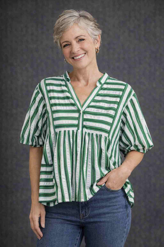 Green Puff Sleeve Stripe Blouse