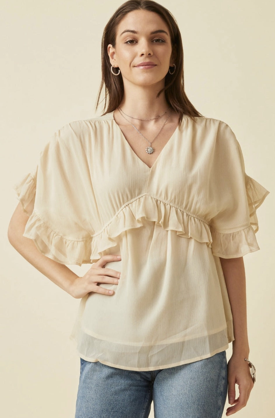 Hayden LA Cream Ruffle Sleeve Shirt