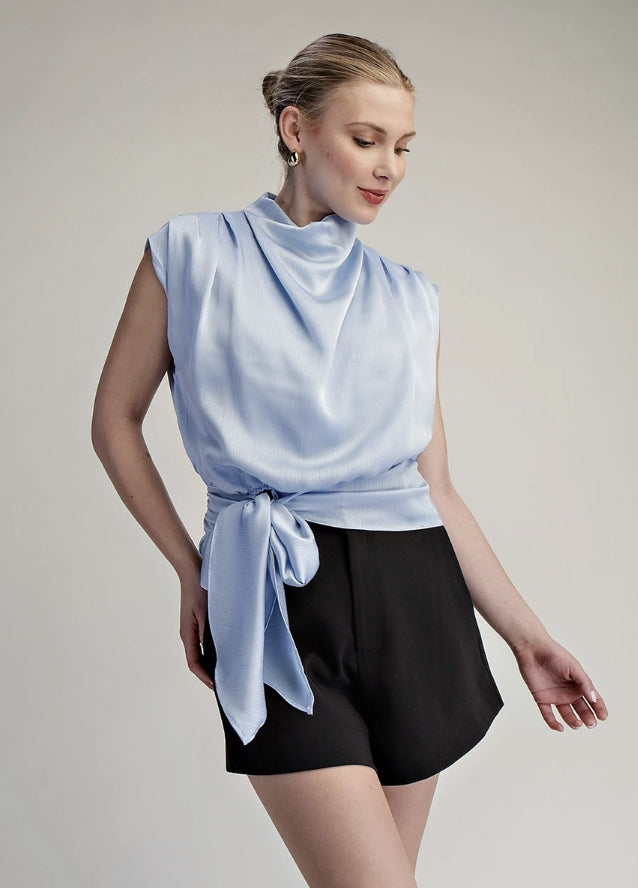 High Draped Neck Waist Tie Blouse