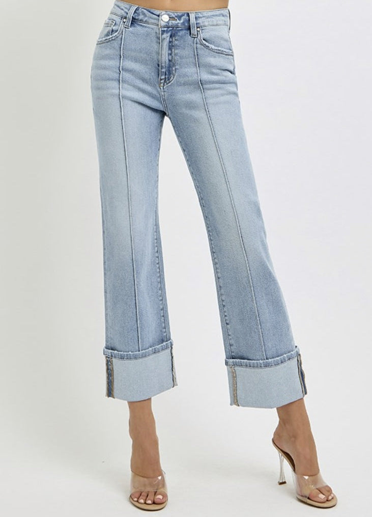 High Rise Straight-Wide Cuffed Jeans