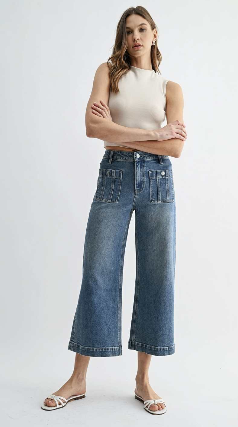 High Rise Wide Leg Crop Hem Jeans