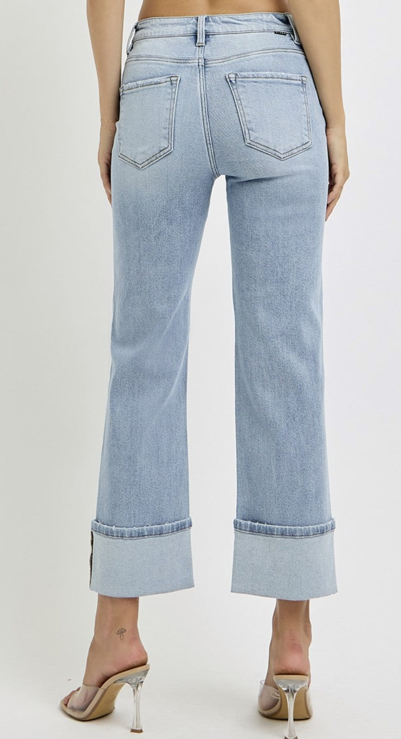 High Rise Straight-Wide Cuffed Jeans