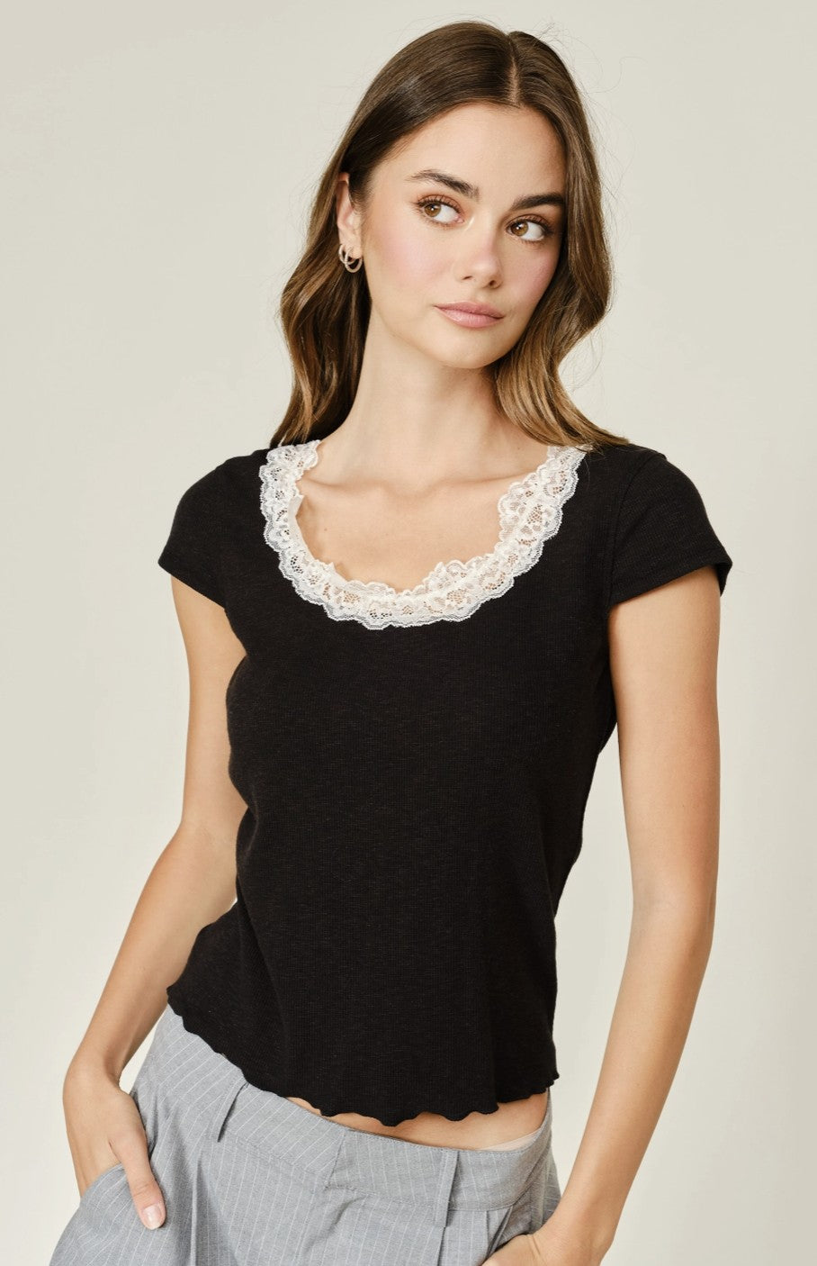 Lace Neck Short Sleeve Ribbed Top