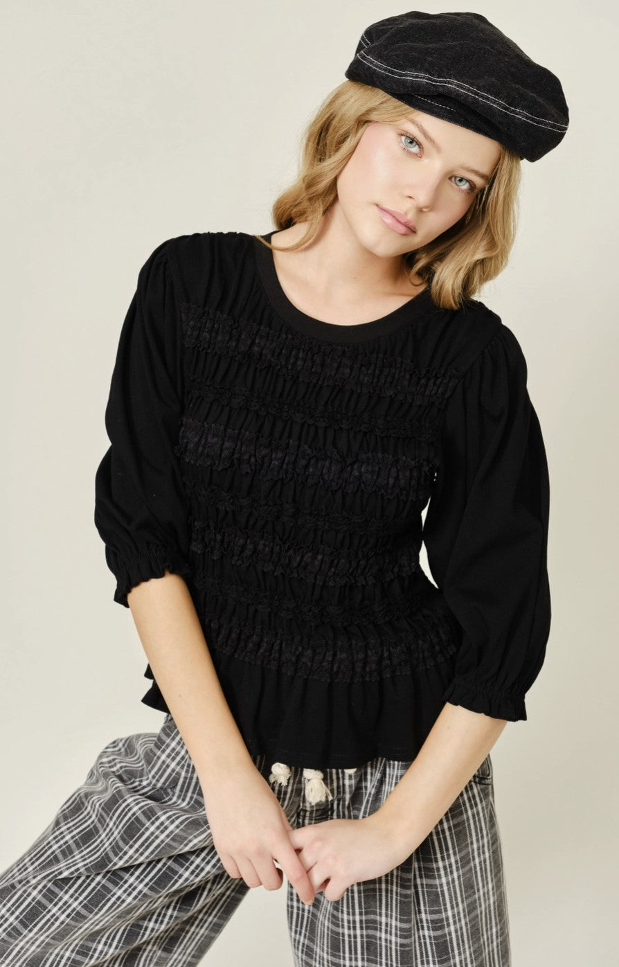 Lace Smocked Quarter Sleeve Knit Top