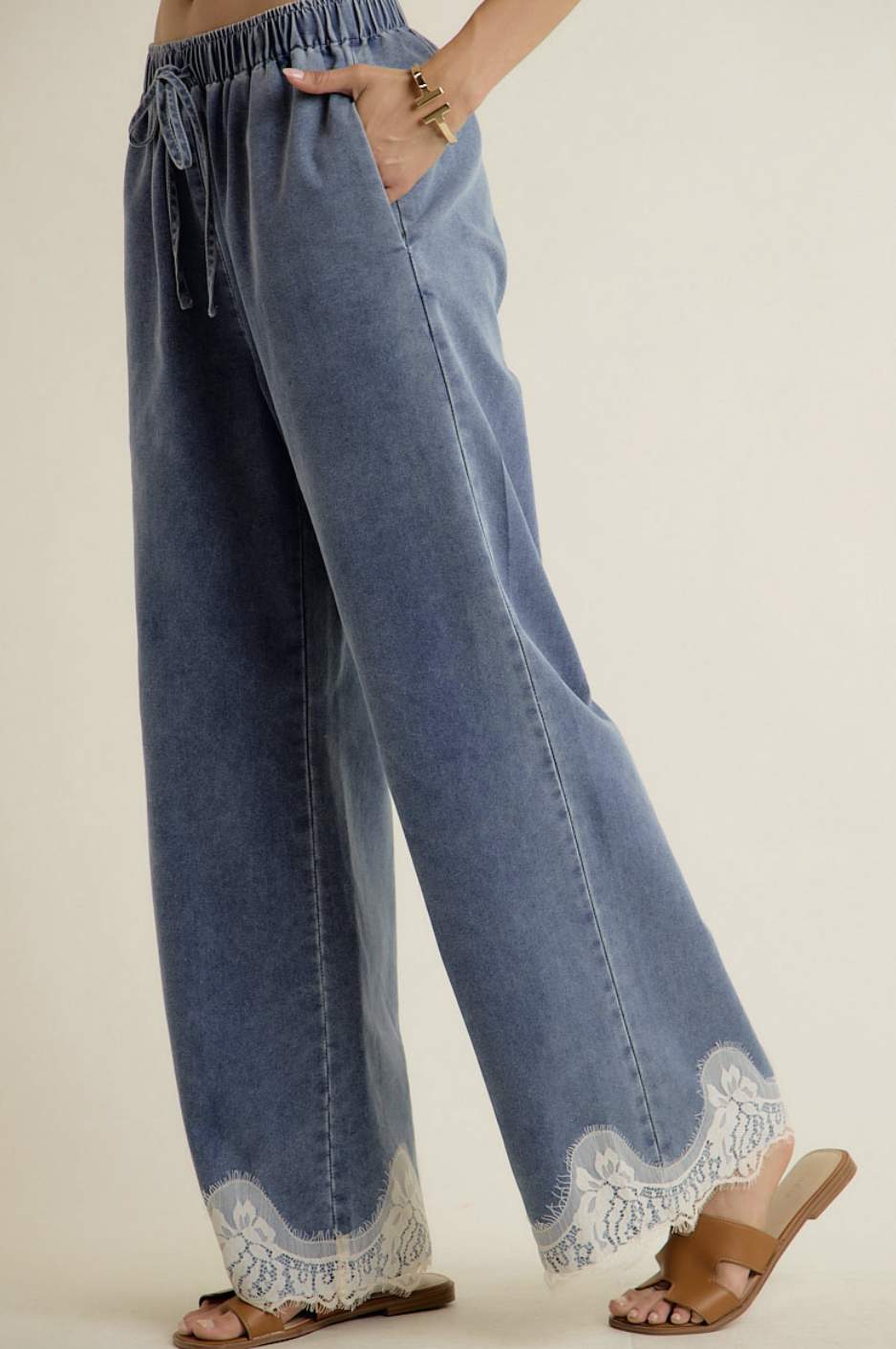 Lace Trim Mid Rise Wide Leg Pants