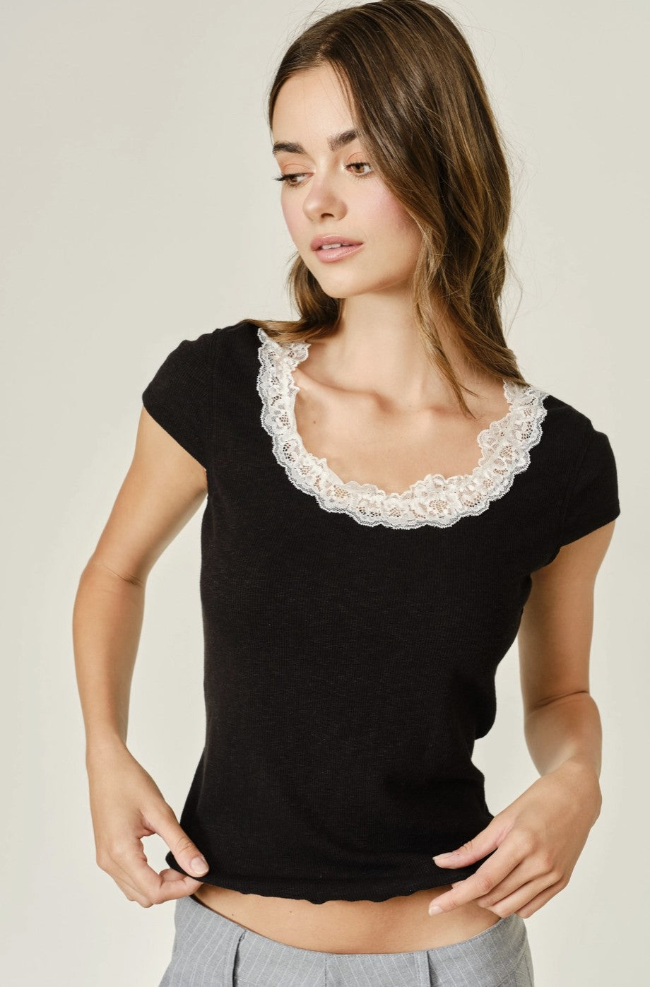 Lace Neck Short Sleeve Ribbed Top