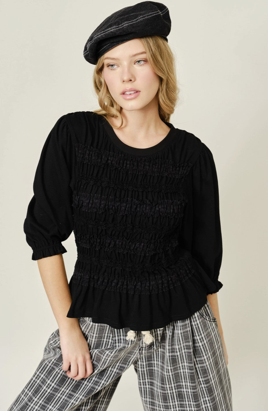 Lace Smocked Quarter Sleeve Knit Top