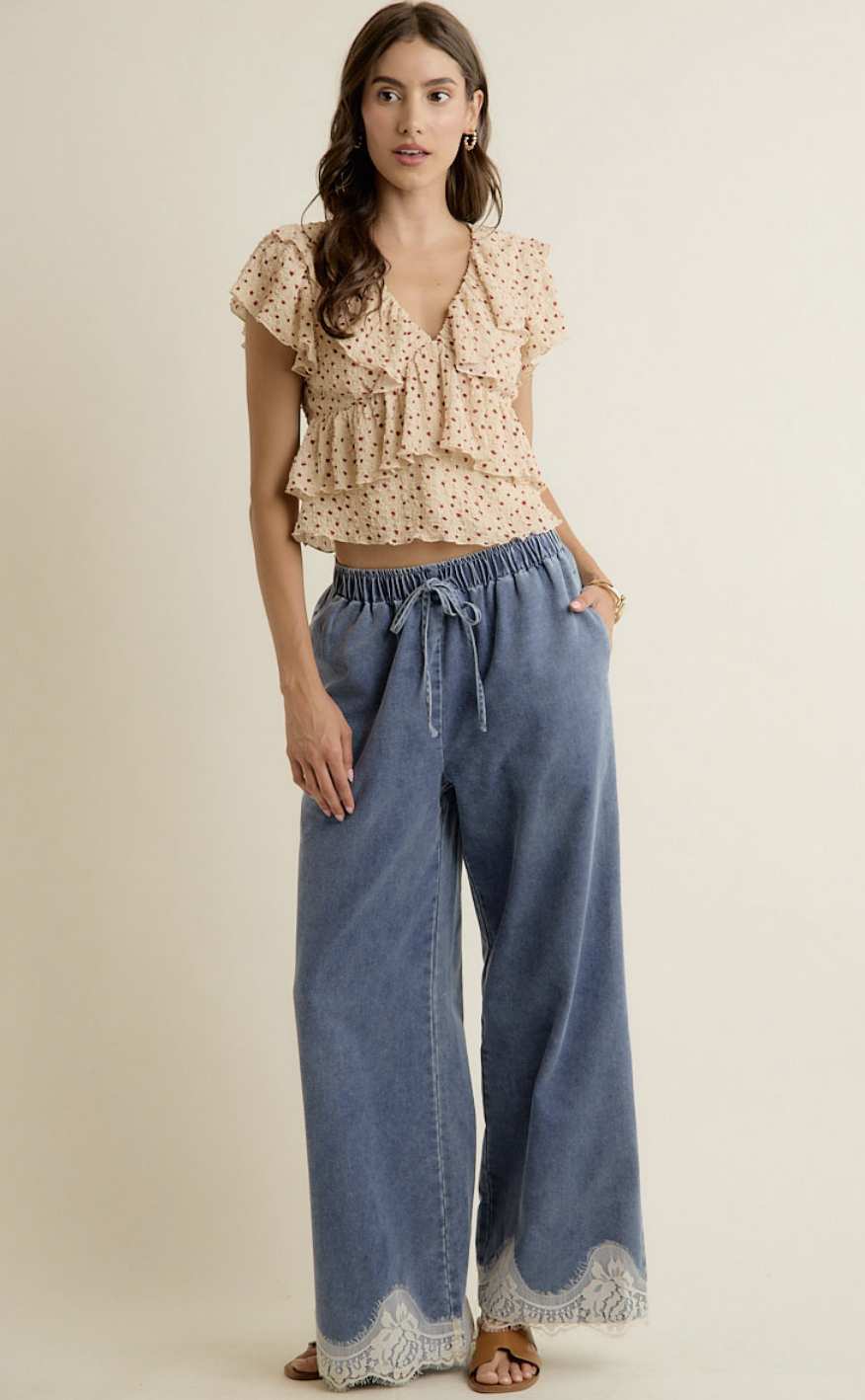 Lace Trim Mid Rise Wide Leg Pants