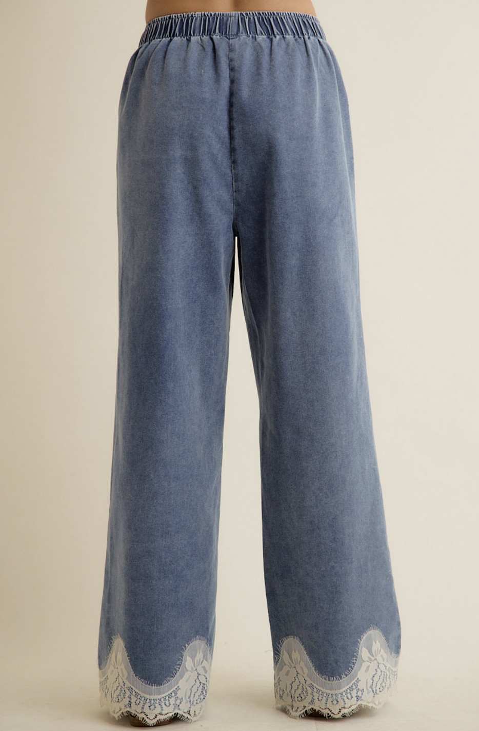 Lace Trim Mid Rise Wide Leg Pants