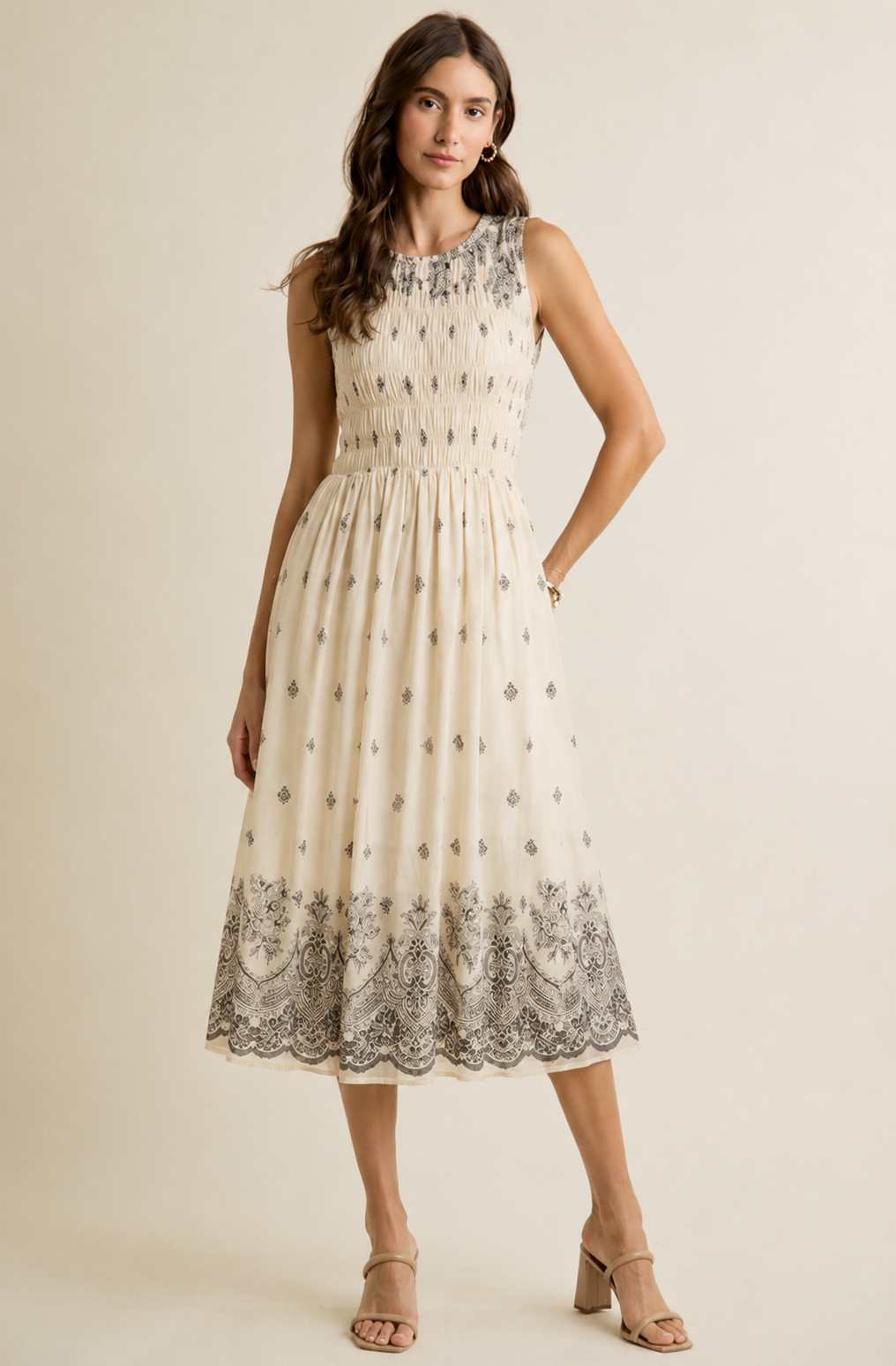 Linen Blend Printed Midi Dress
