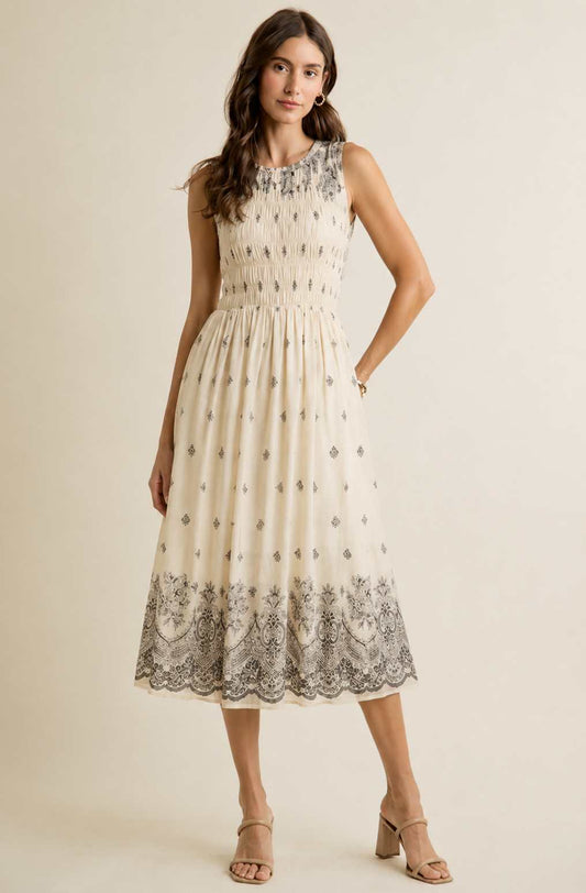 Linen Blend Printed Midi Dress
