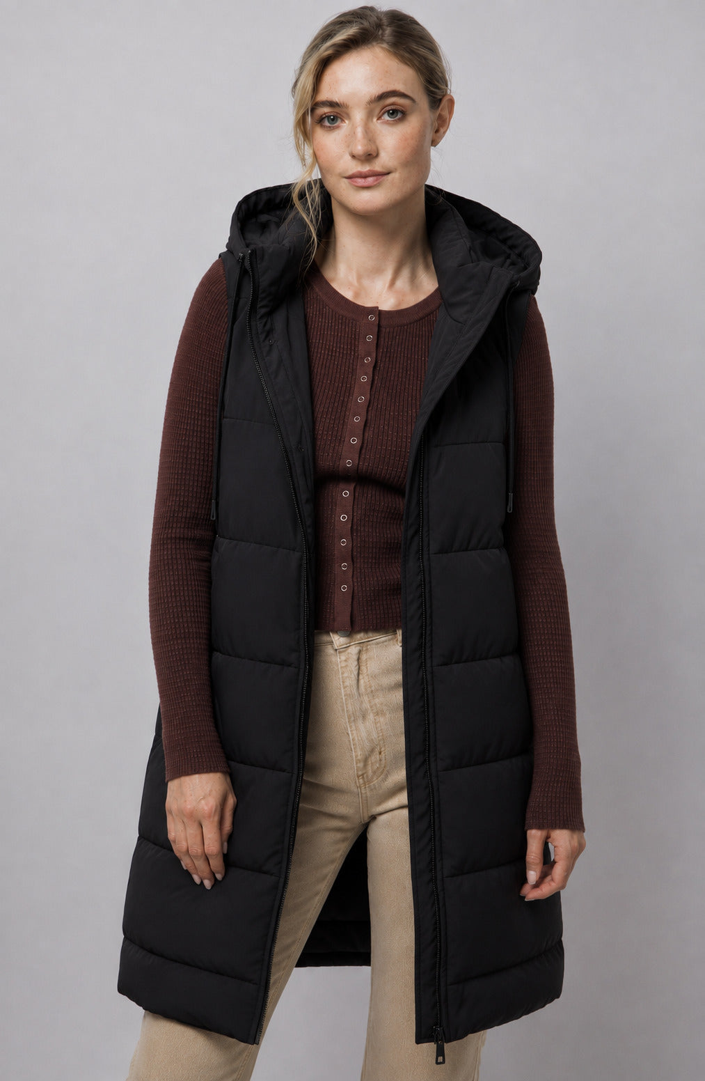 Long Puffer w/ Hood Sleeveless Vest