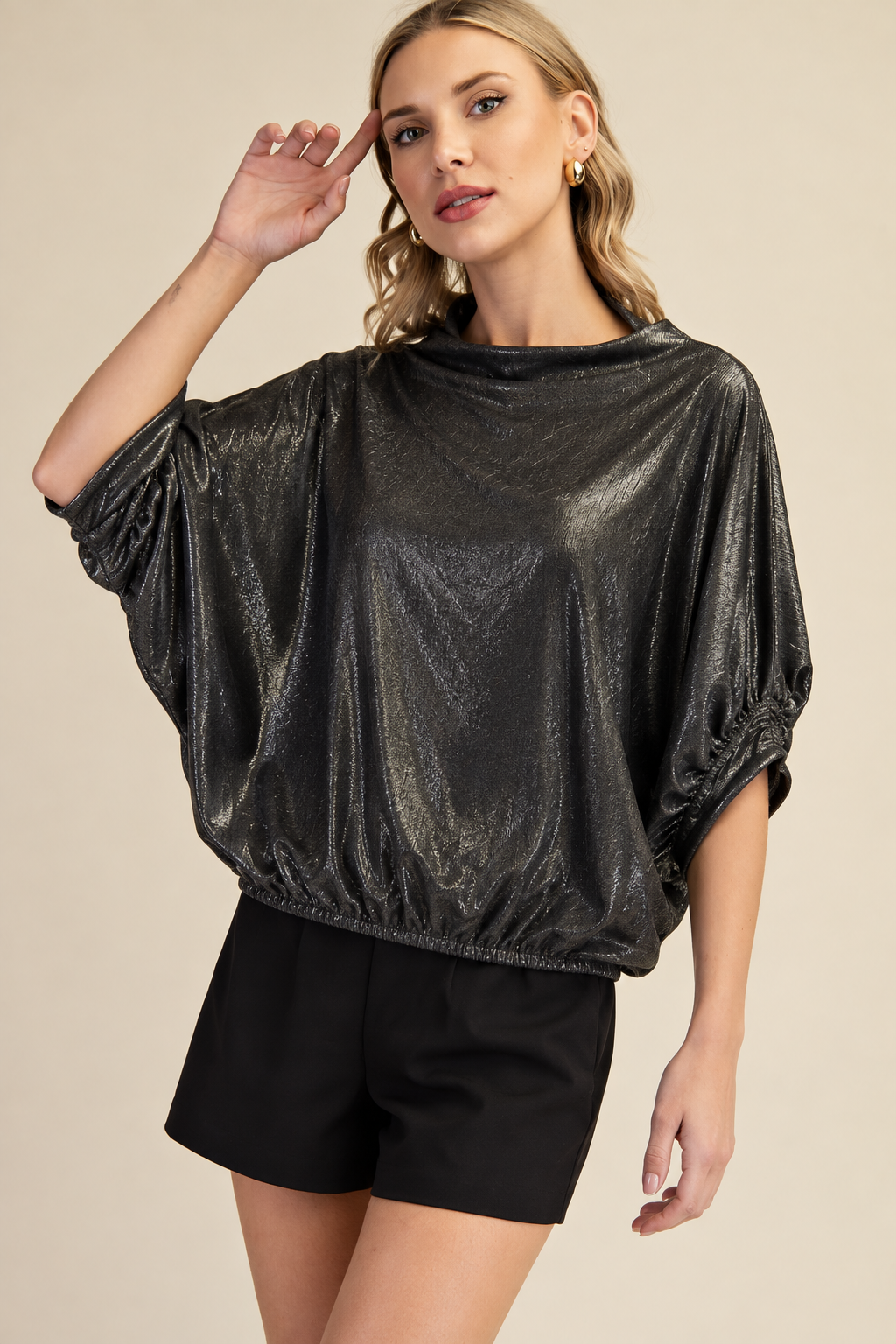Metallic High Neck Elastic Sleeve Top