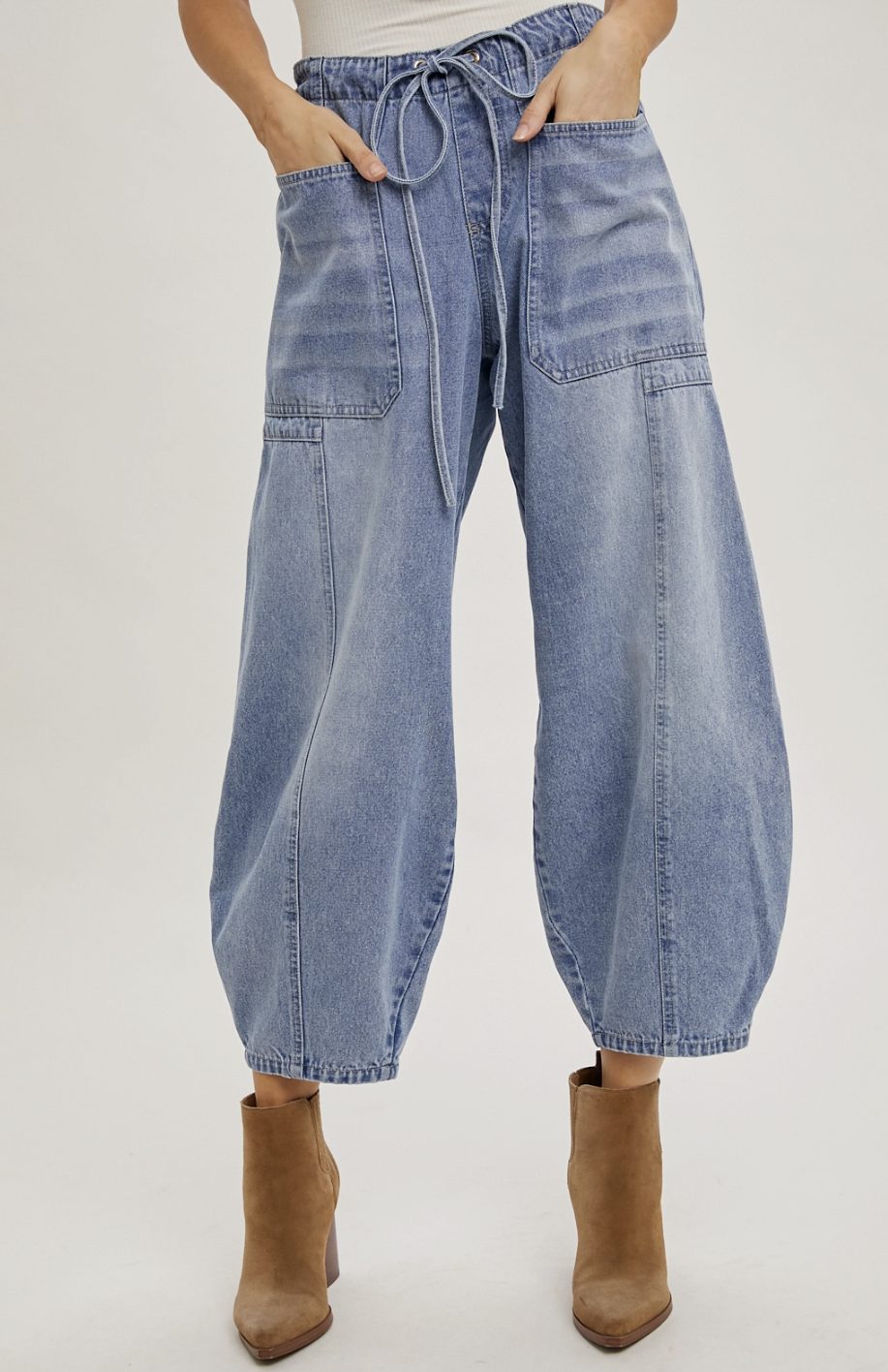 Mid-Waist Drawstrings Barrel Jeans