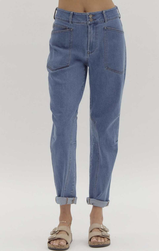 Mid Rise Tapered Patch Pockets Jeans