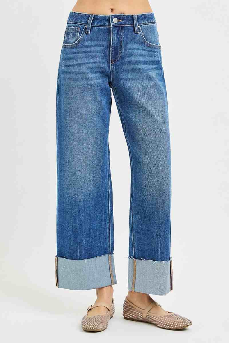 Mid Rise Crop Straight Cuff Hem Jeans