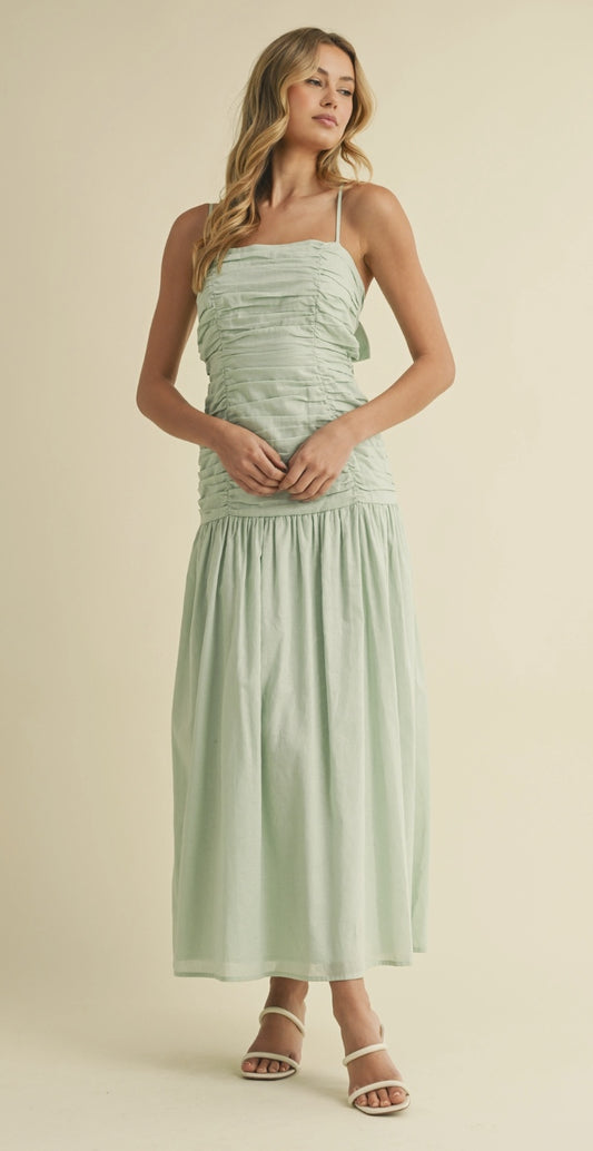 Mint Ruched Linen Maxi Dress