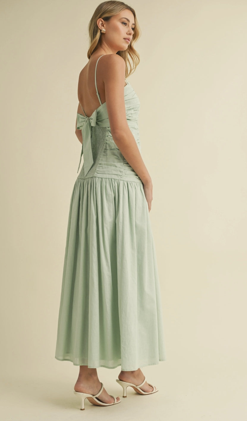 Mint Ruched Linen Maxi Dress