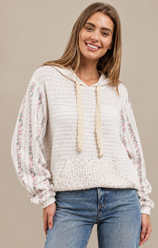 Mixed Knit Contrast Hooded Pullover