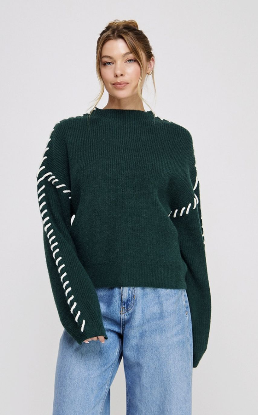 Mock Neck Contrast Stitch Sweater