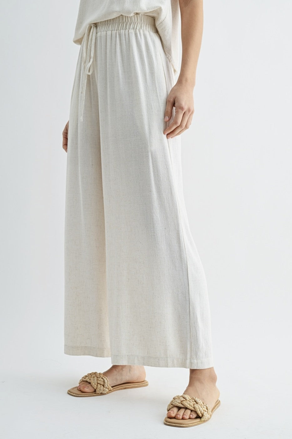 Natural Linen Blend Tie Wide Pants