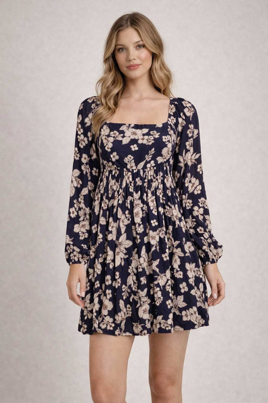 Navy Long Sleeve Floral Mini Dress