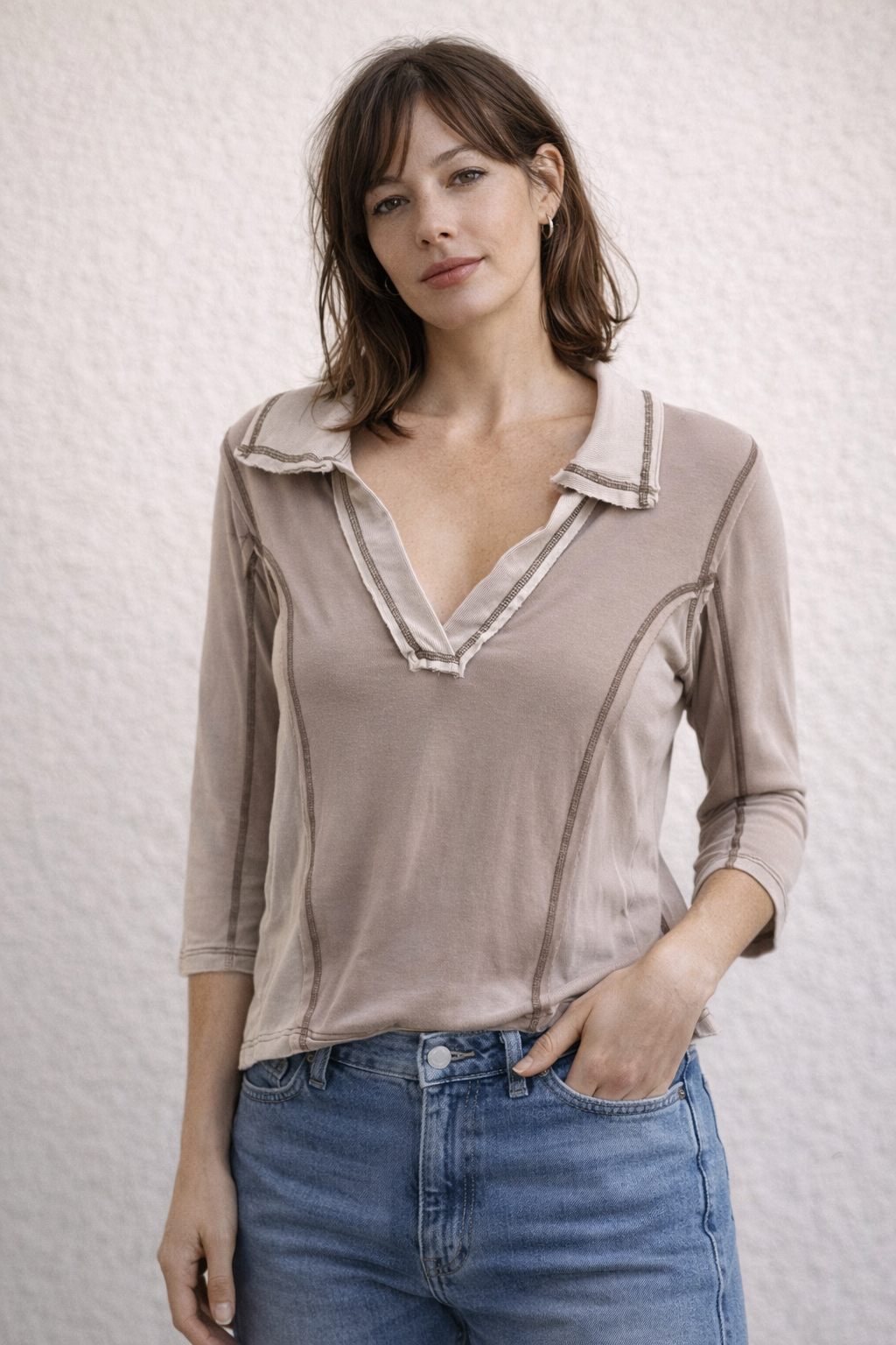 Oatmeal 3/4 Sleeve Collared Shirt