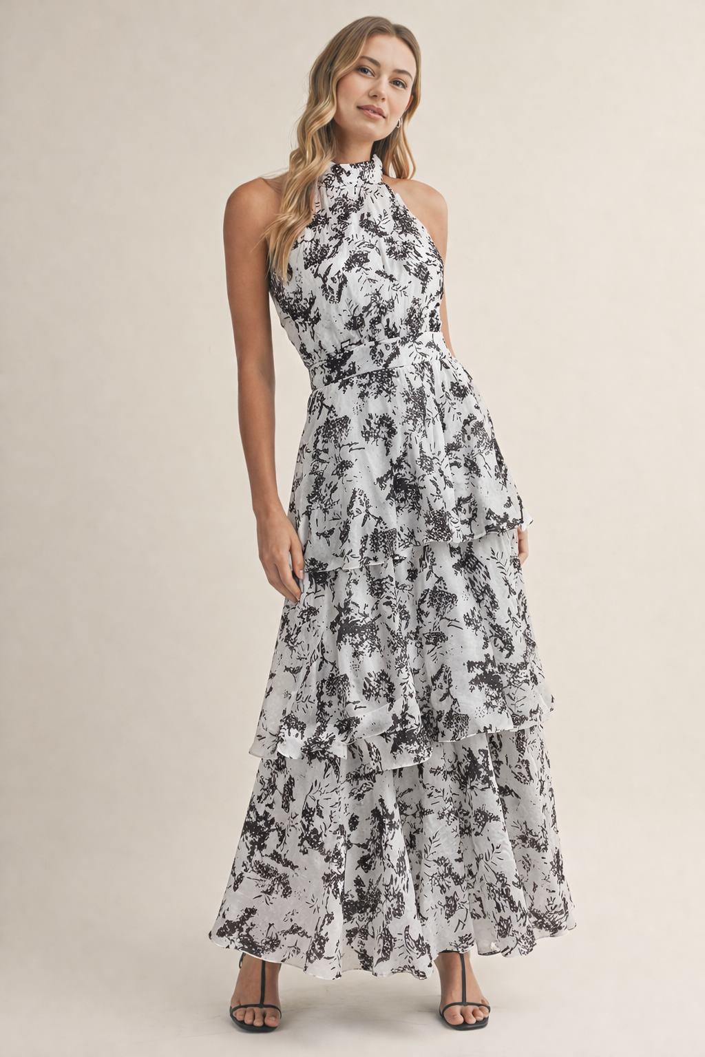 Organza Neck Band Halter Neck Flare Tiered Maxi Dress
