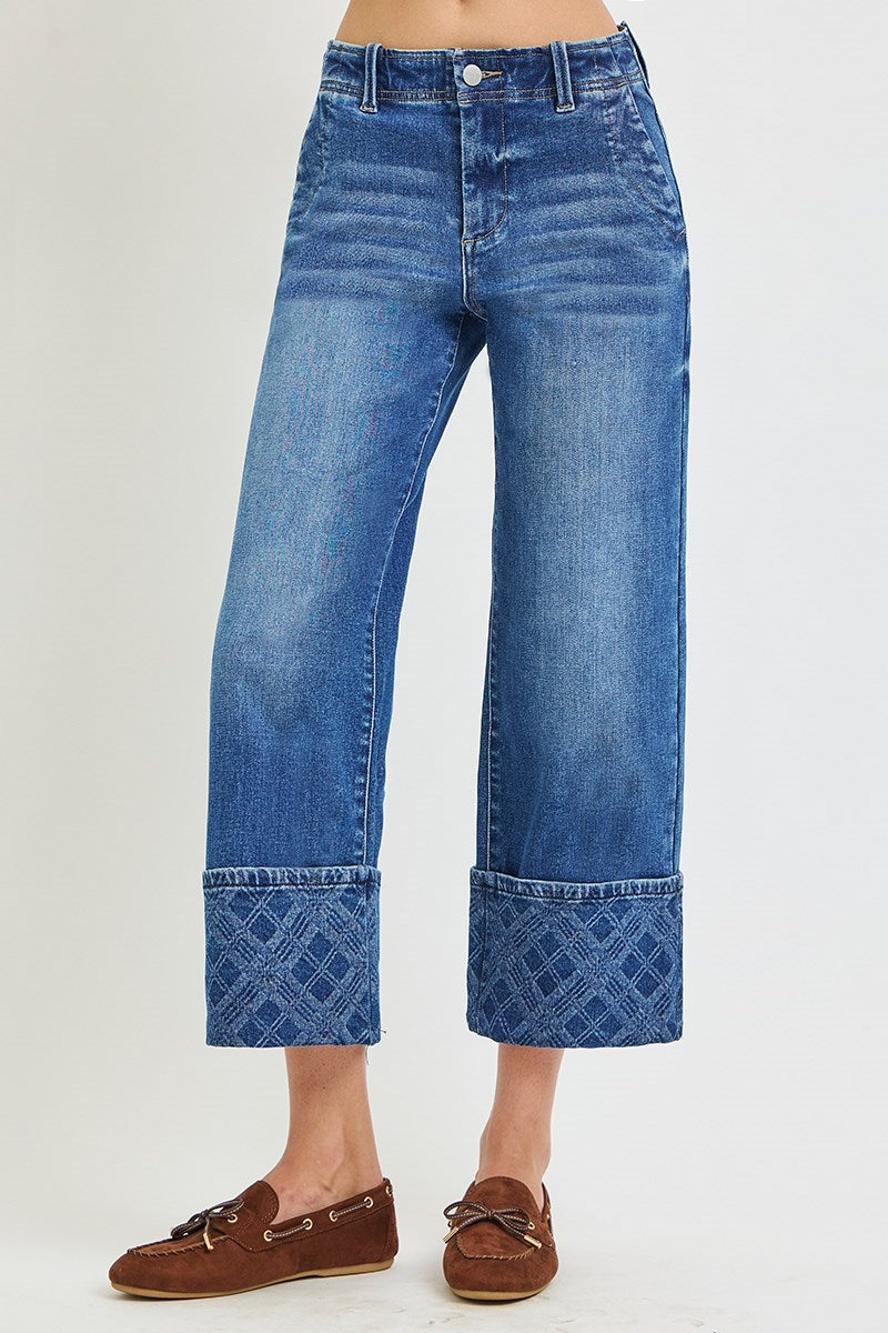 HR Crop Wide w/ Plaid Cuffs Jeans