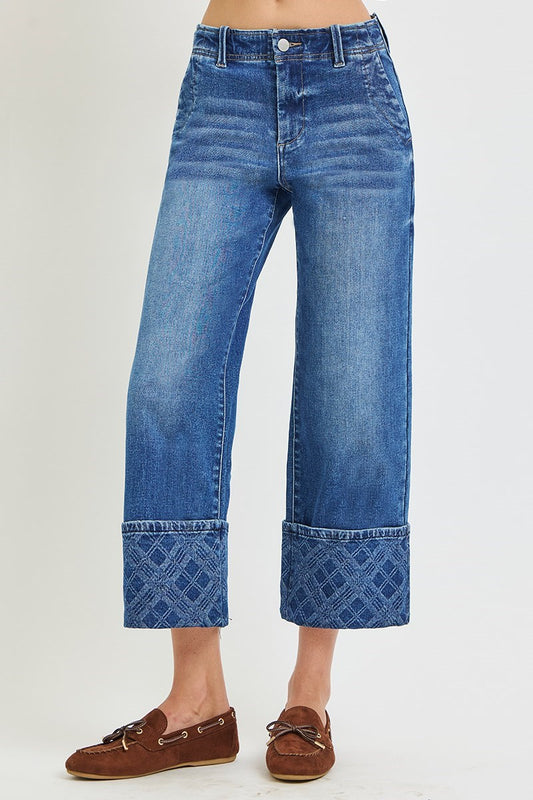 HR Crop Wide w/ Plaid Cuffs Jeans