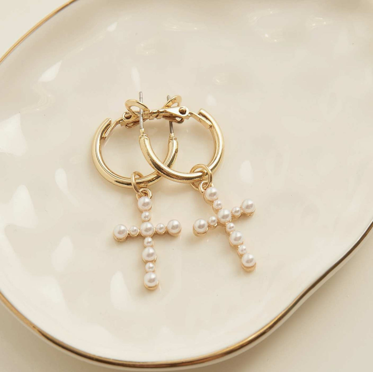 Pearl Cross Cera Hoop Earrings