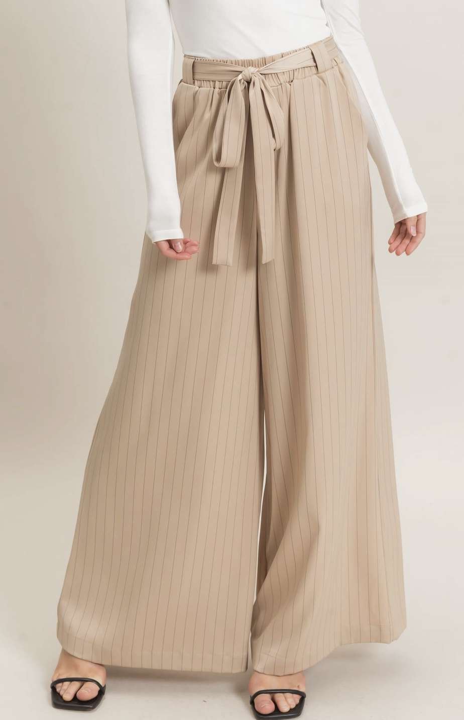 Pinstripe Tie Waist Wide Leg Pants