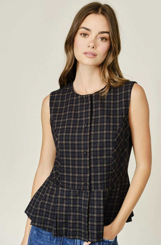 Pleated Flare Plaid Button Down Vest