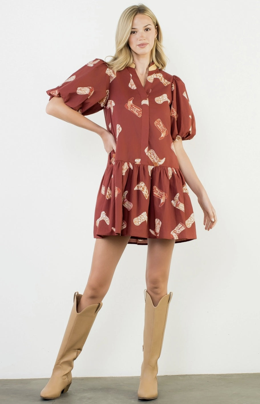 Puff Sleeve Boots Print Dress