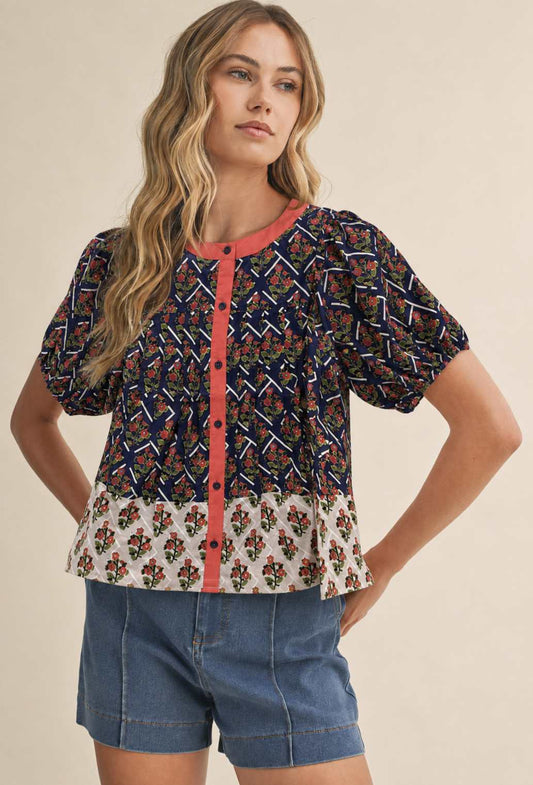 Puff Sleeve Button Patterned Blouse