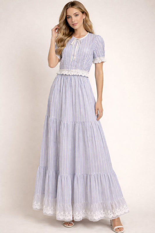 RP Lace Trim Striped Top and Skirt Set