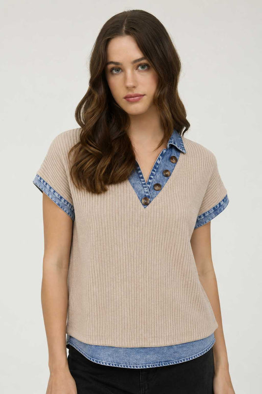 Ribbed Knit Denim Button Collar Top