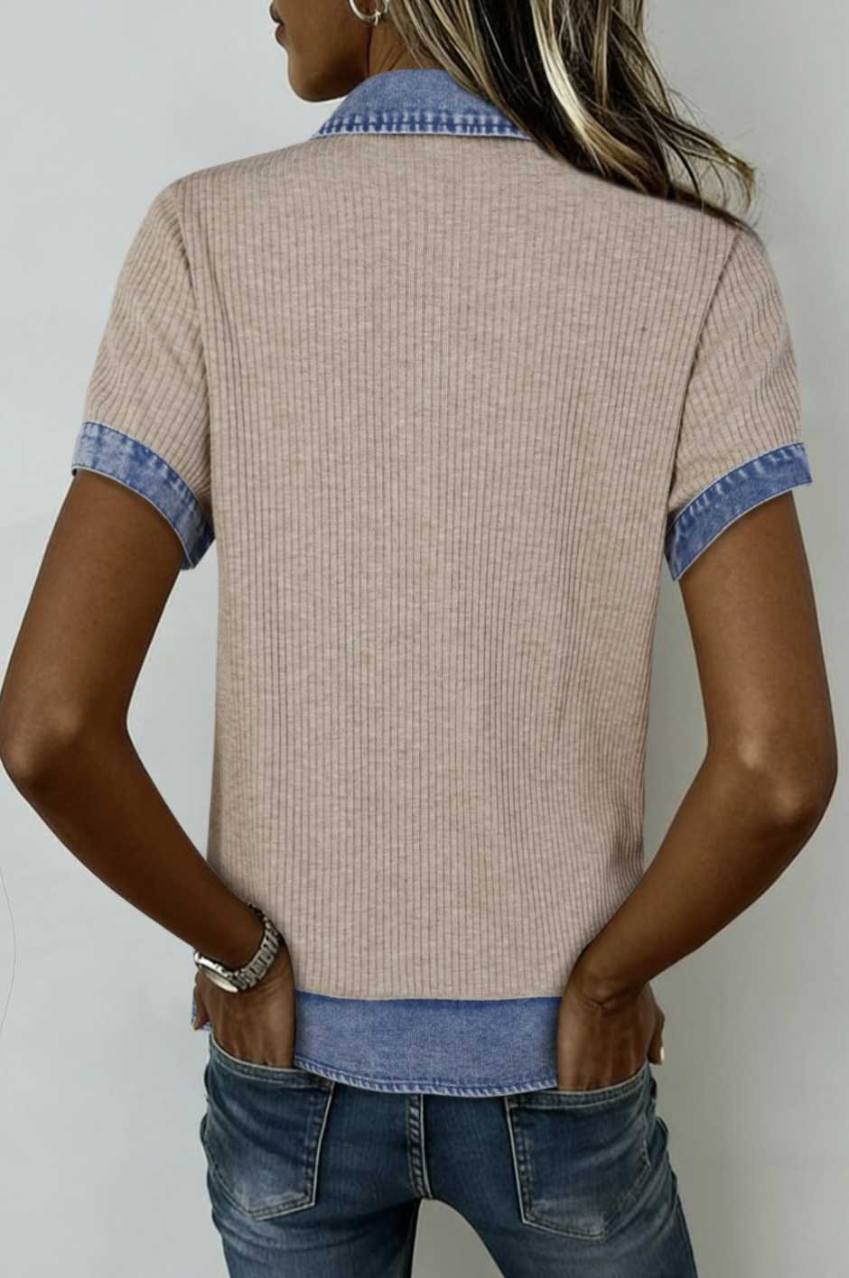 Ribbed Knit Denim Button Collar Top