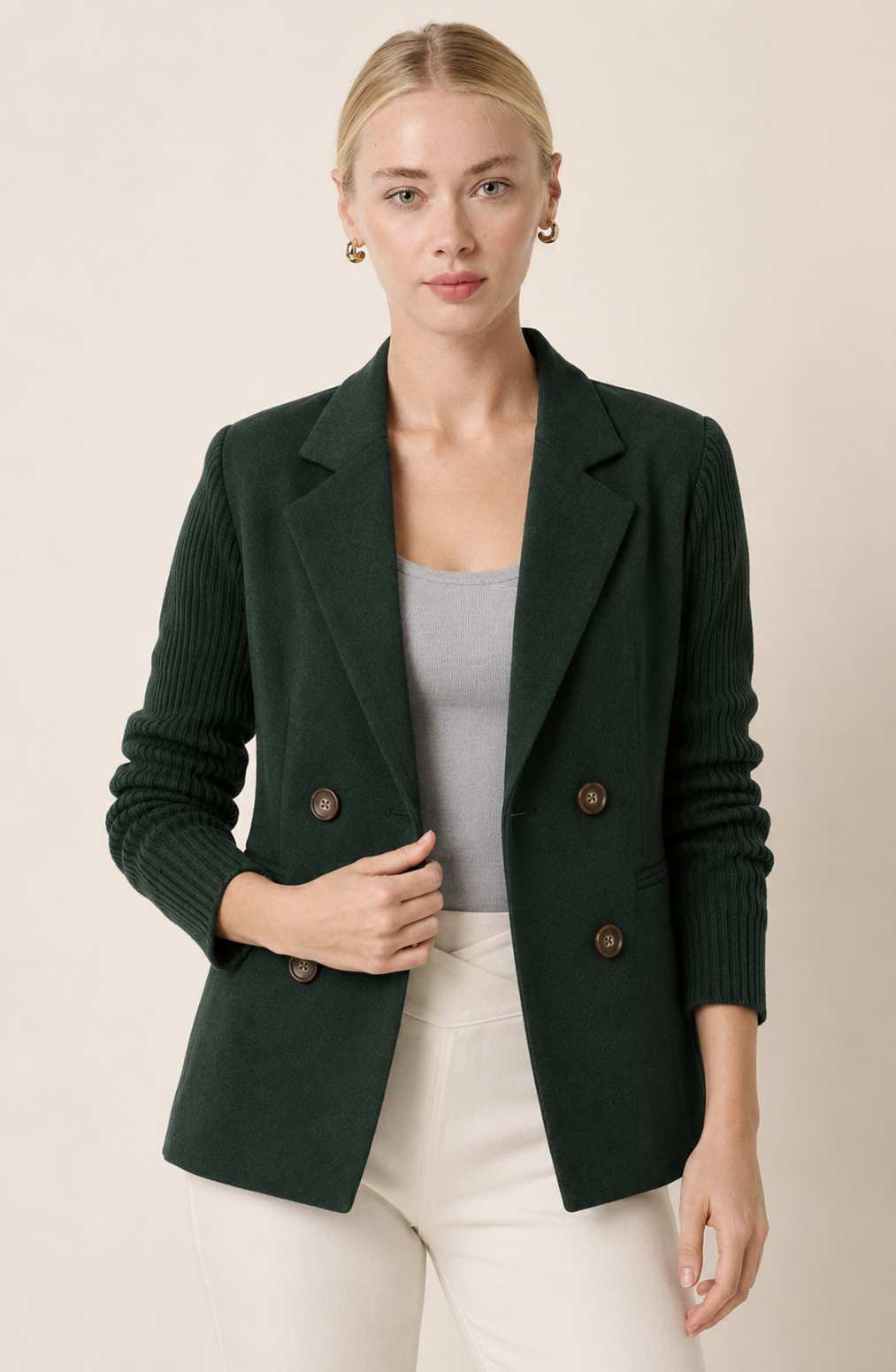Ribbed Sleeve Buttoned Blazer